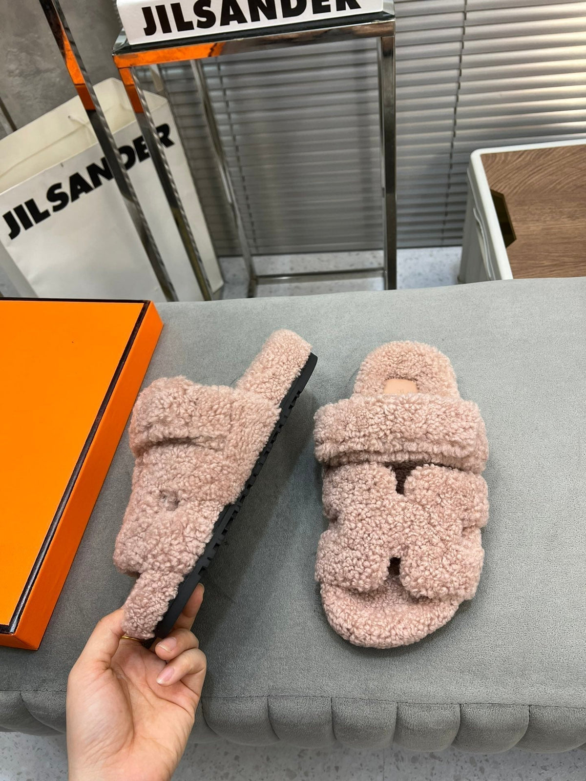 Hermes Chypre Slippers in Rosy Brown Lamb Wool