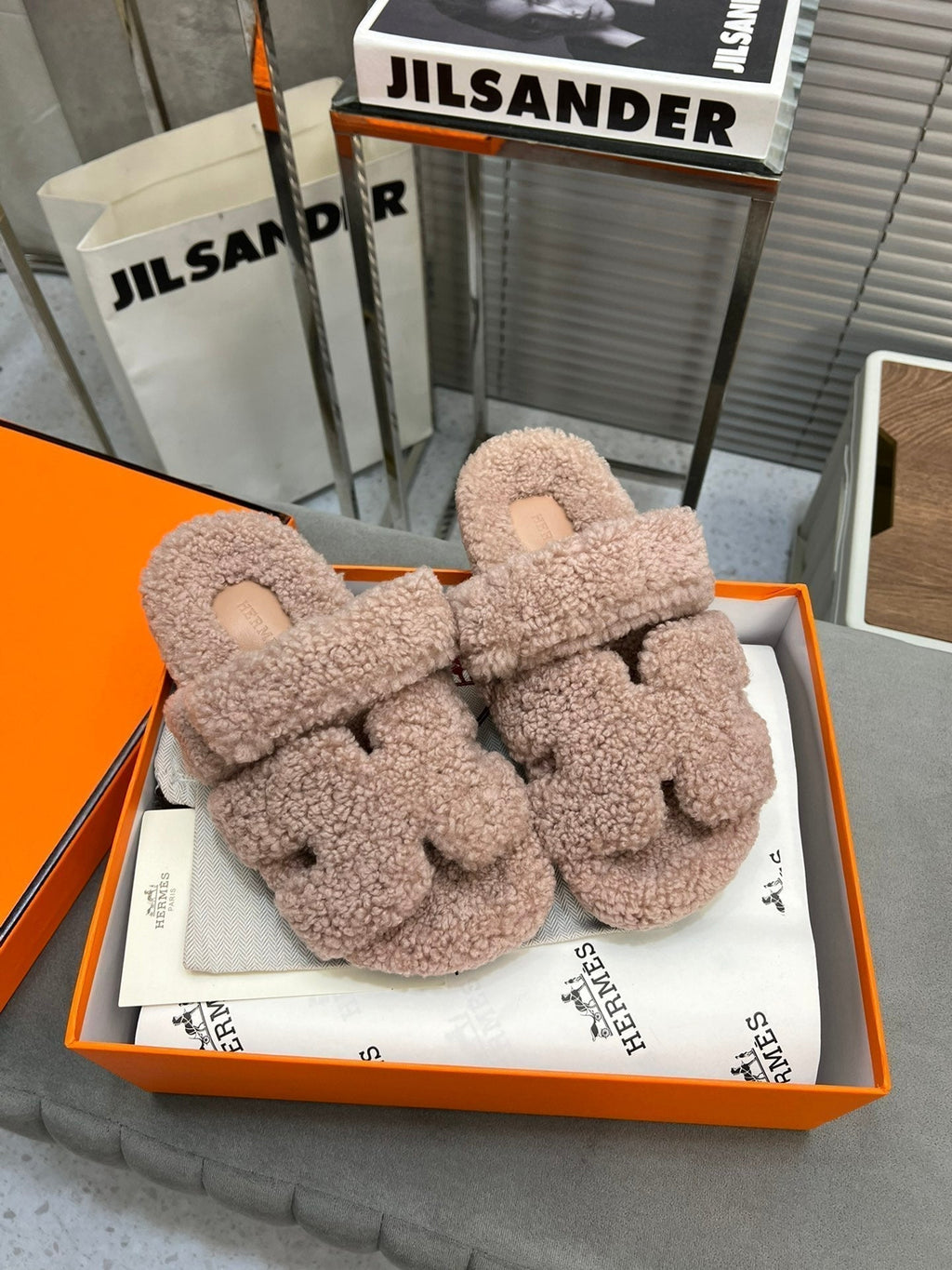 Hermes Chypre Slippers in Rosy Brown Lamb Wool