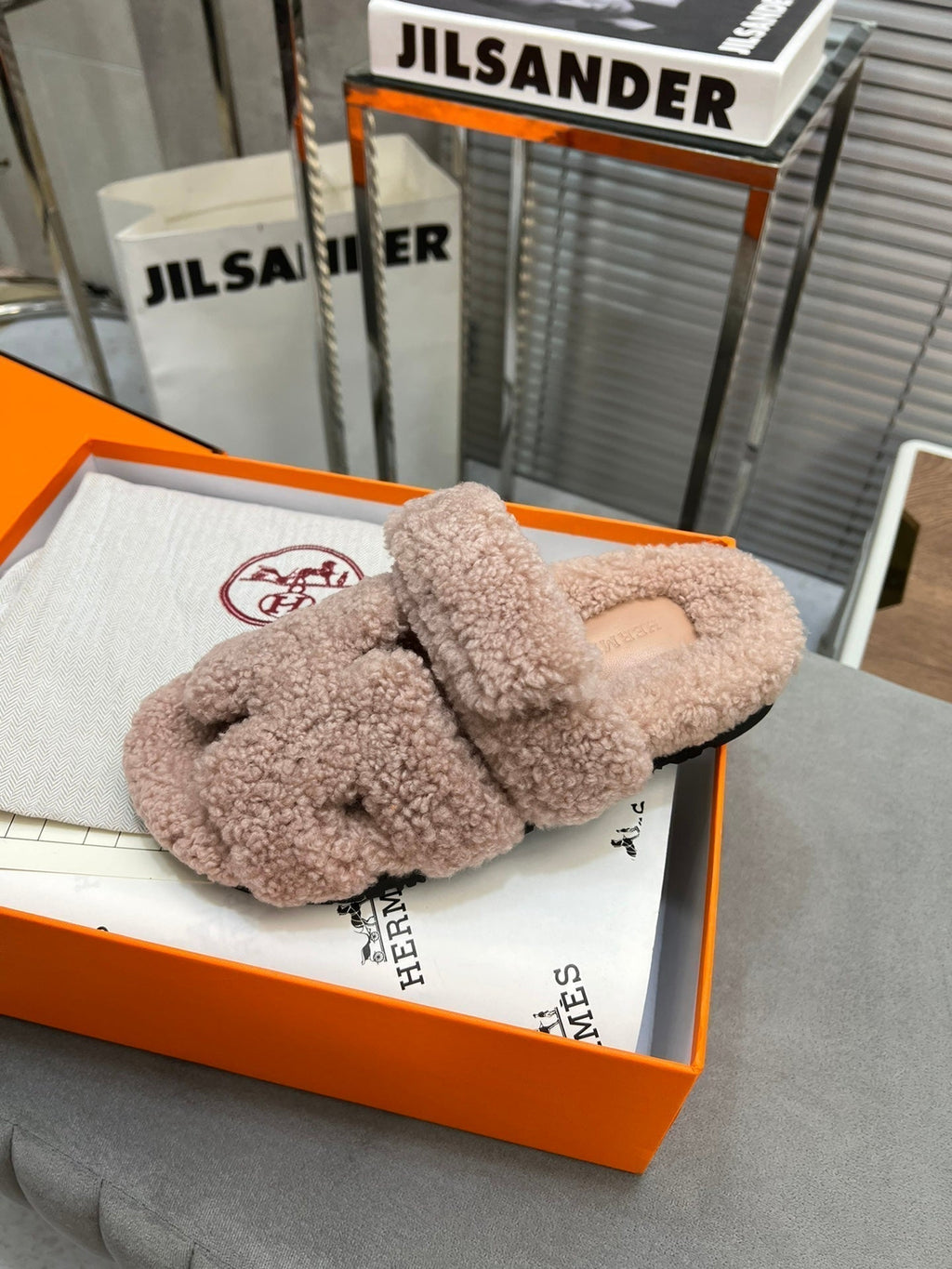 Hermes Chypre Slippers in Rosy Brown Lamb Wool