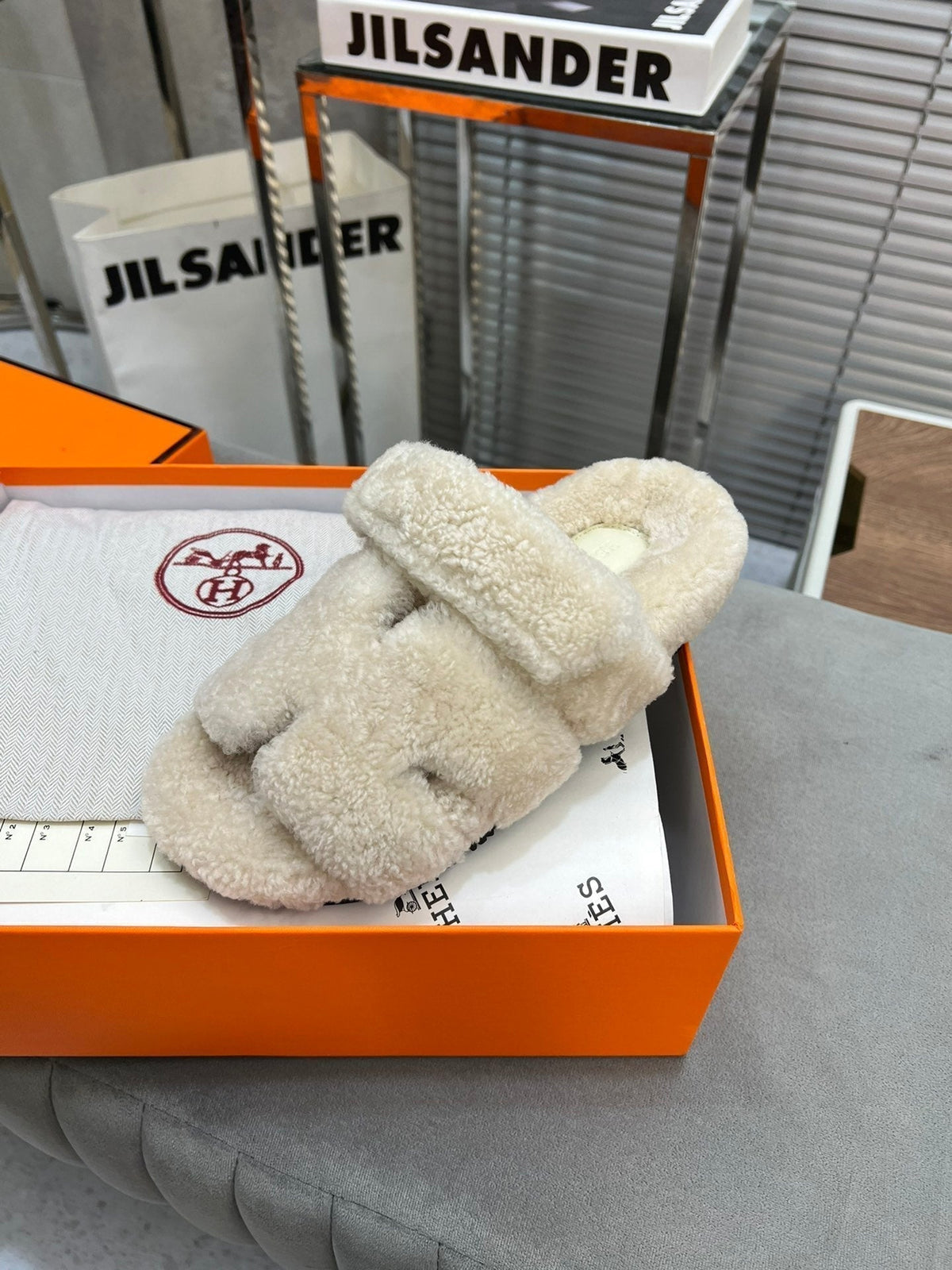 Hermes Chypre Slippers in Bisque Beige Lamb Wool