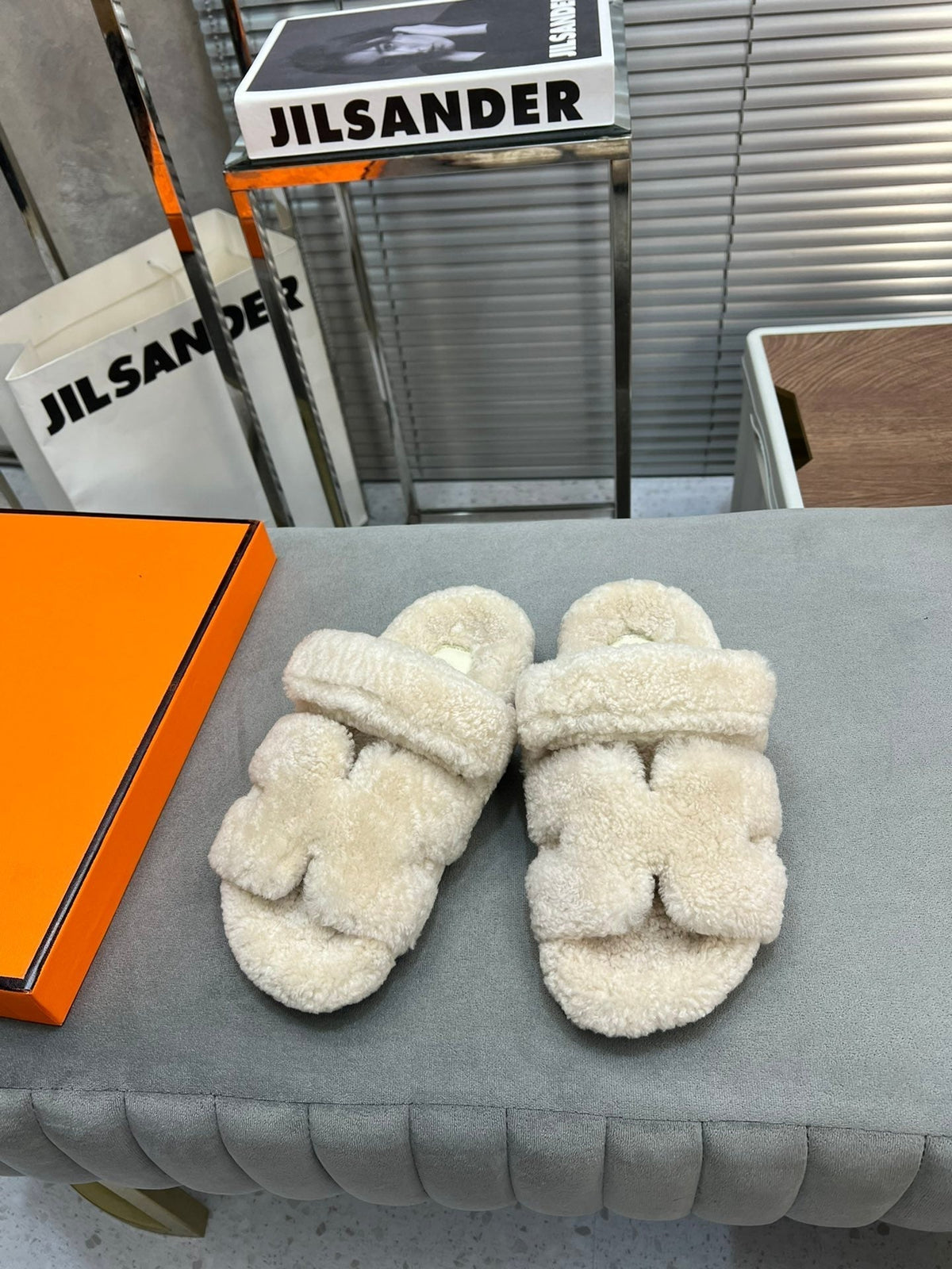Hermes Chypre Slippers in Bisque Beige Lamb Wool