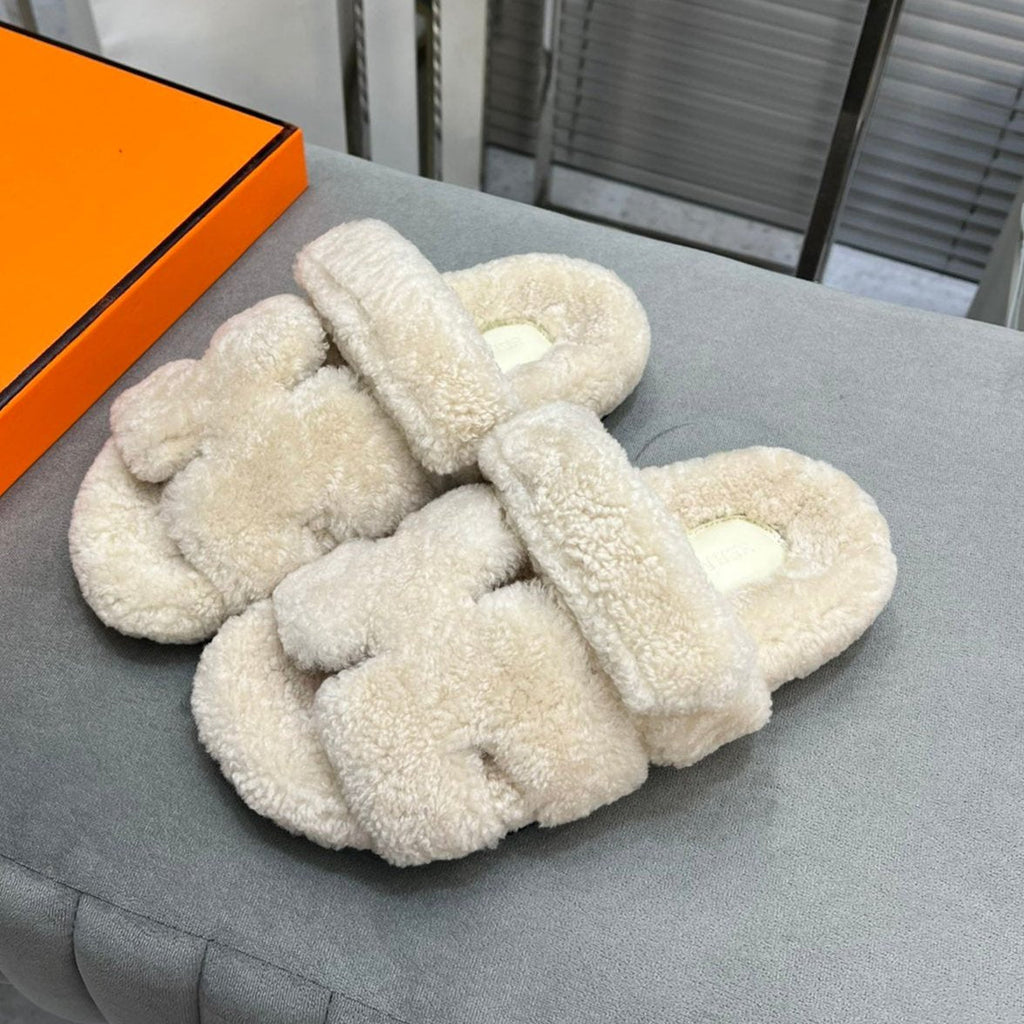 Hermes Chypre Slippers in Bisque Beige Lamb Wool