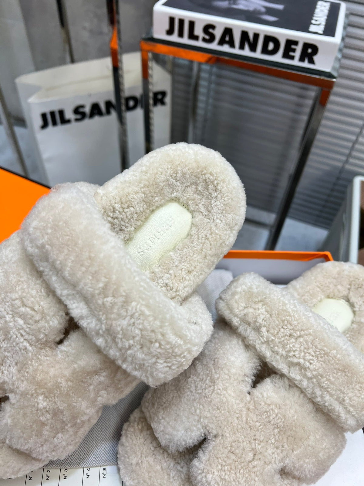 Hermes Chypre Slippers in Bisque Beige Lamb Wool