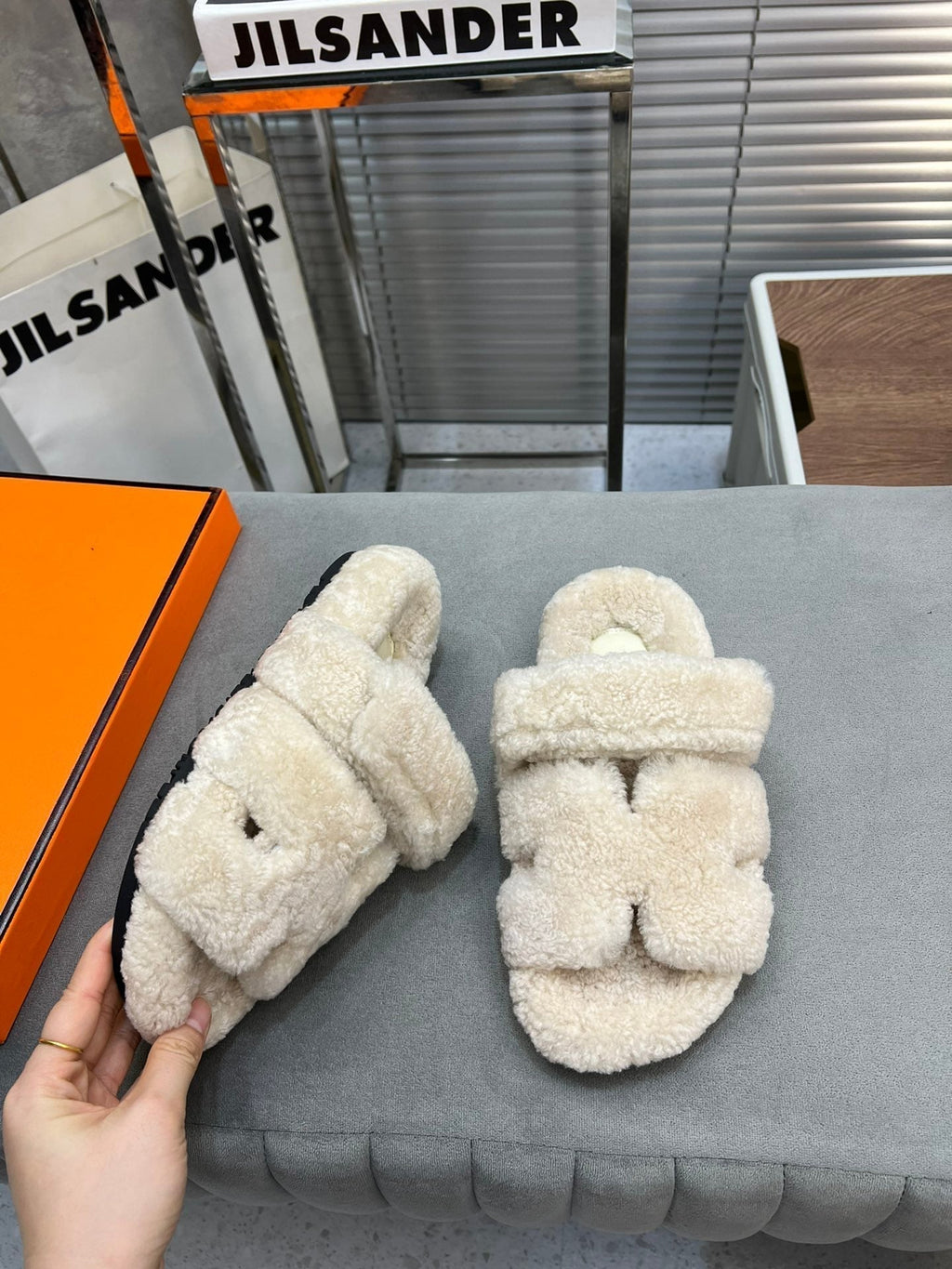 Hermes Chypre Slippers in Bisque Beige Lamb Wool