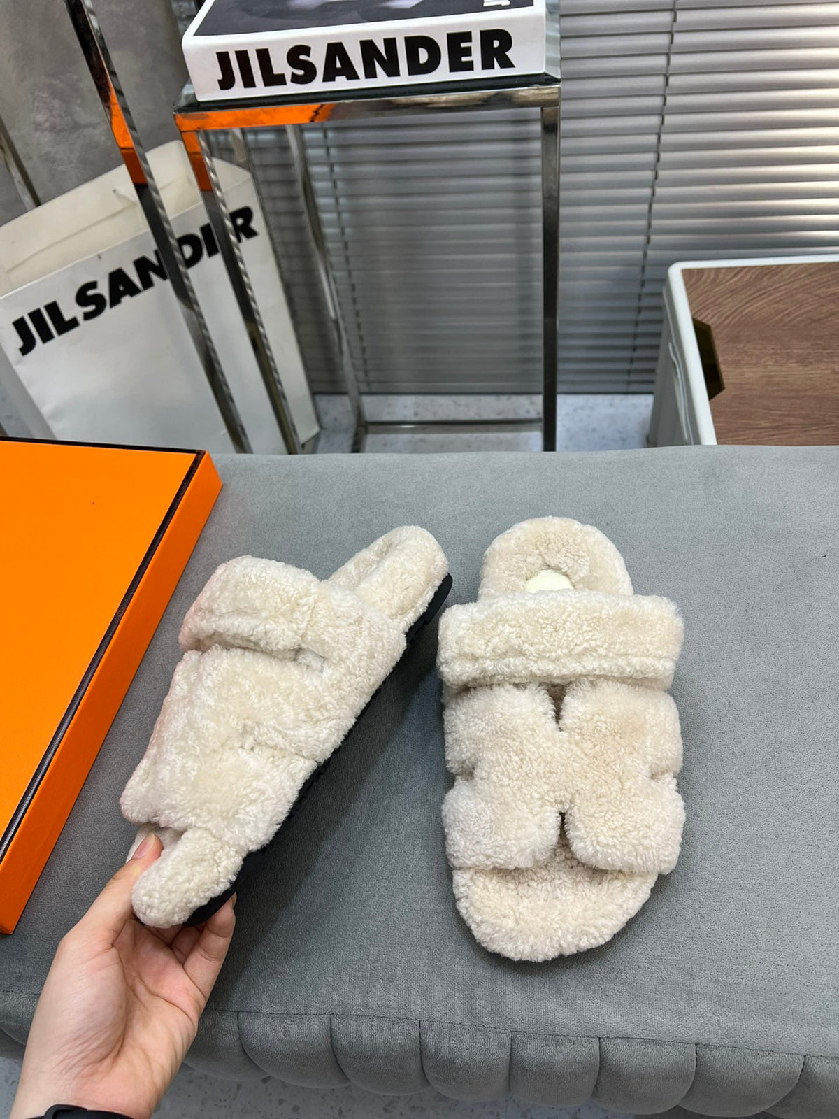 Hermes Chypre Slippers in Bisque Beige Lamb Wool