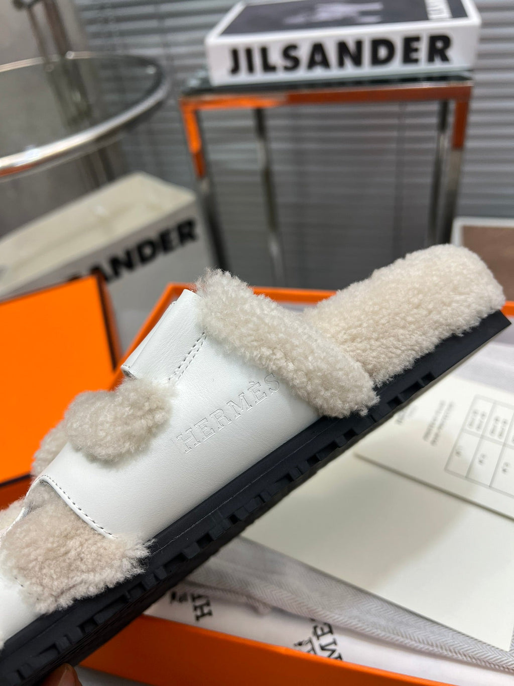 Hermes Chypre Slippers in Beige Lamb Wool and White Calfskin
