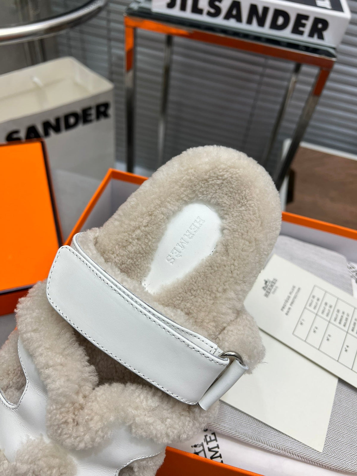 Hermes Chypre Slippers in Beige Lamb Wool and White Calfskin