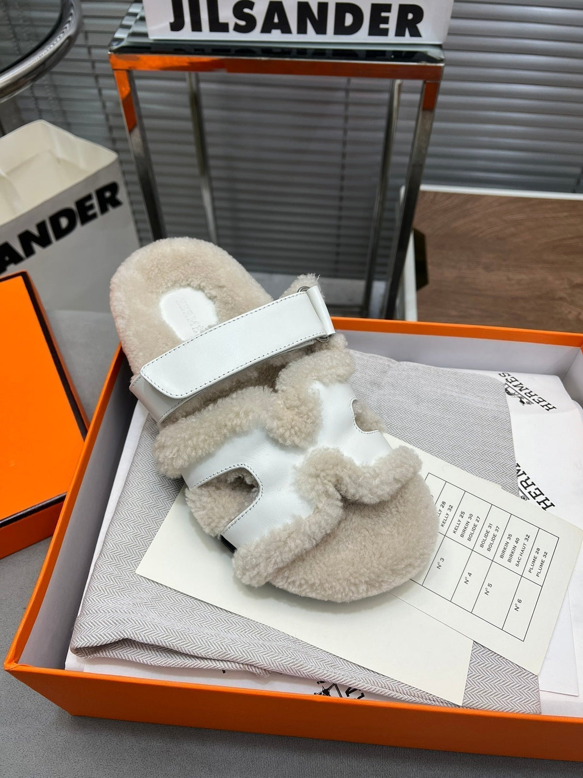 Hermes Chypre Slippers in Beige Lamb Wool and White Calfskin