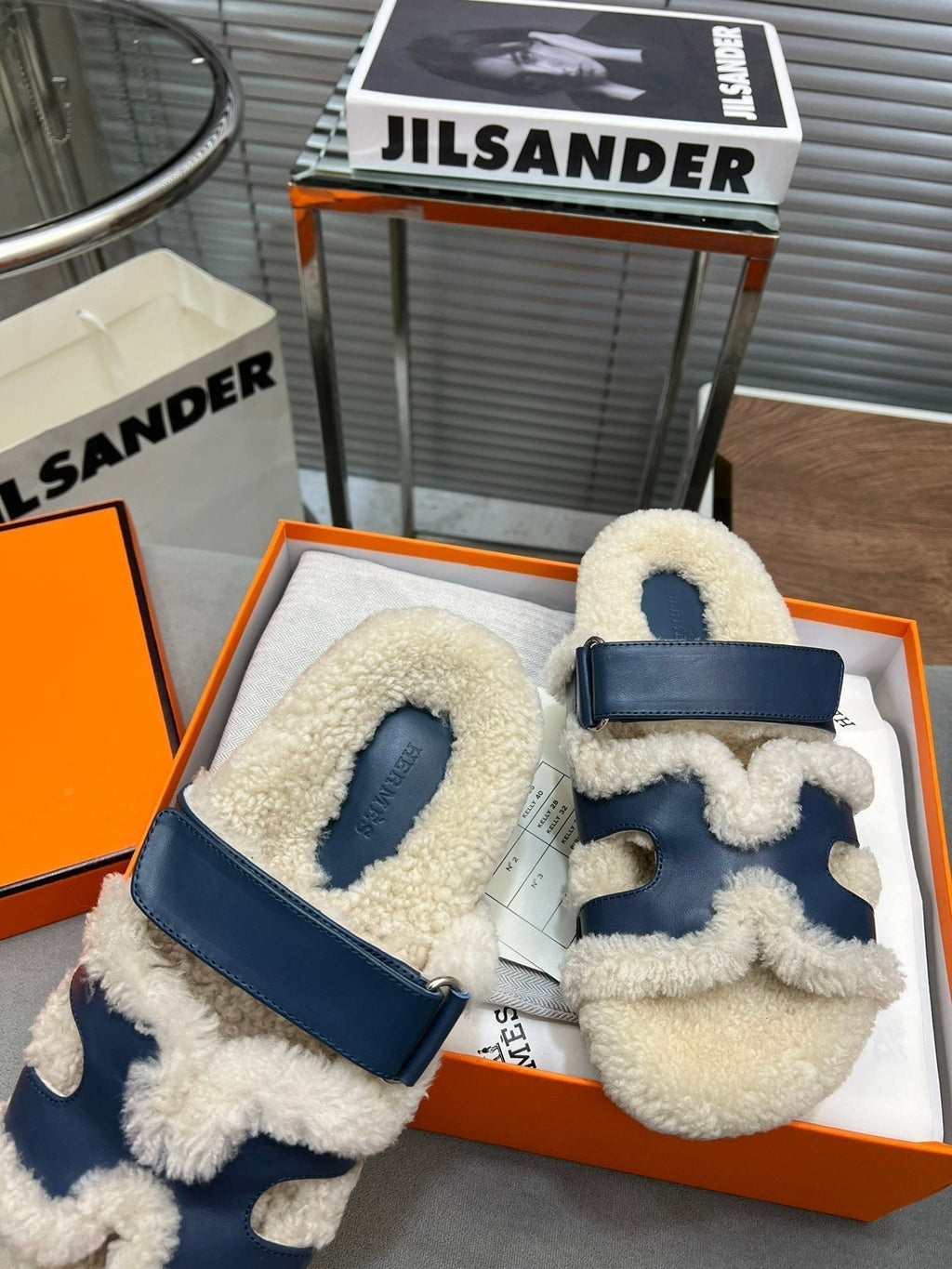 Hermes Chypre Slippers in Beige Lamb Wool and Classic Blue Calfskin