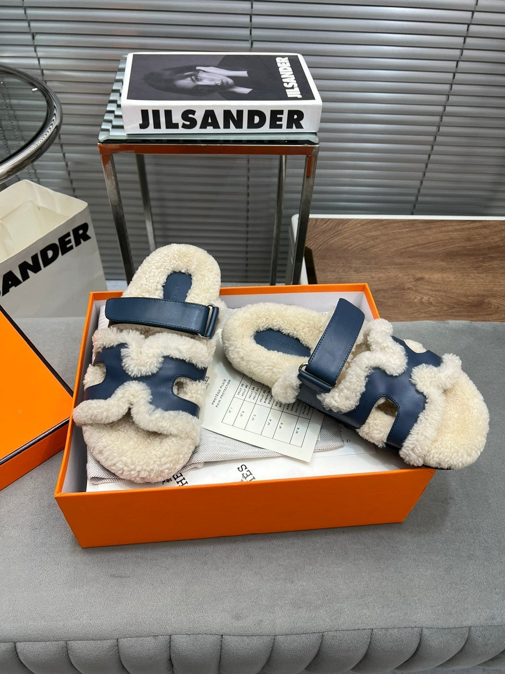 Hermes Chypre Slippers in Beige Lamb Wool and Classic Blue Calfskin