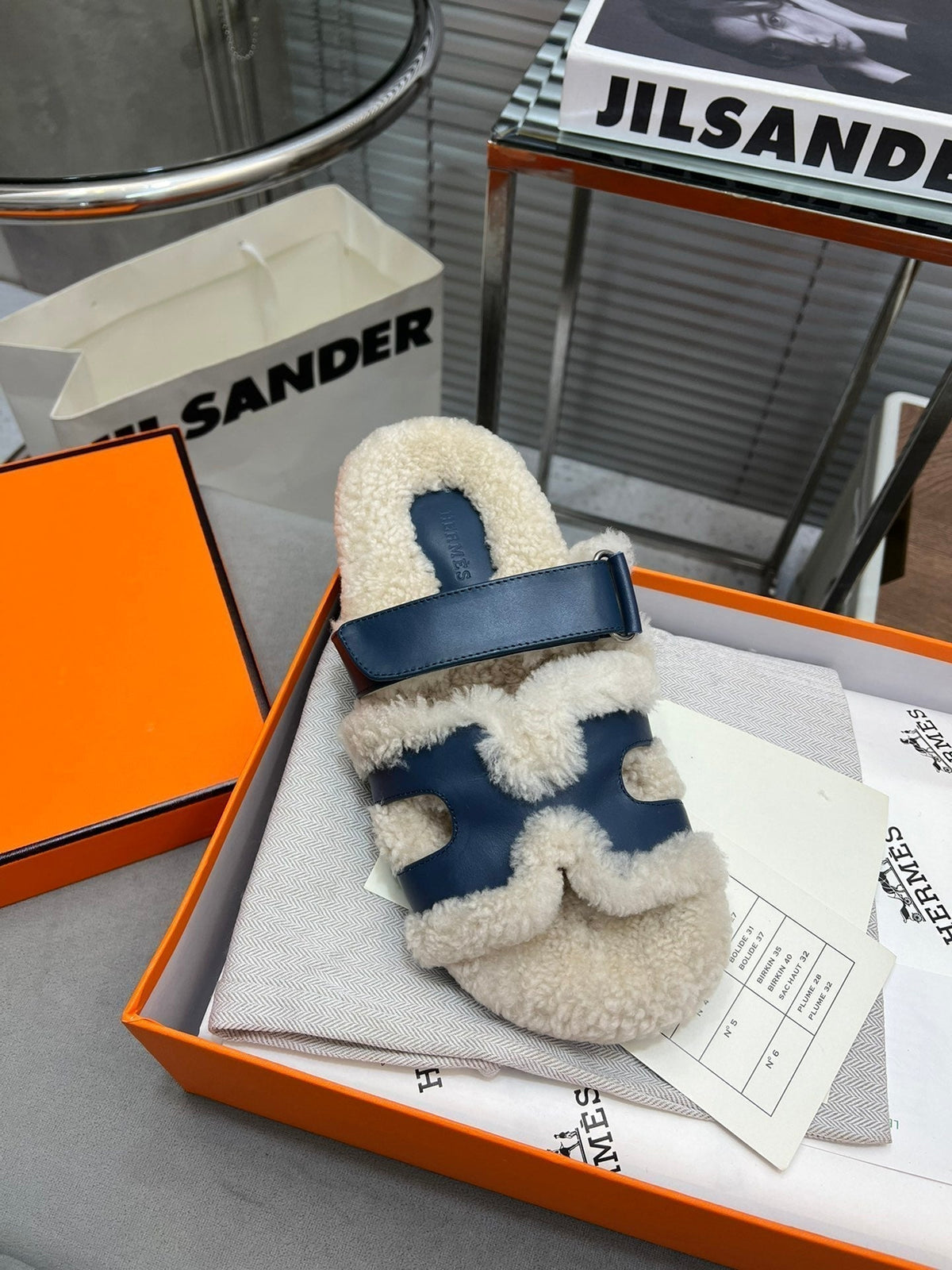 Hermes Chypre Slippers in Beige Lamb Wool and Classic Blue Calfskin