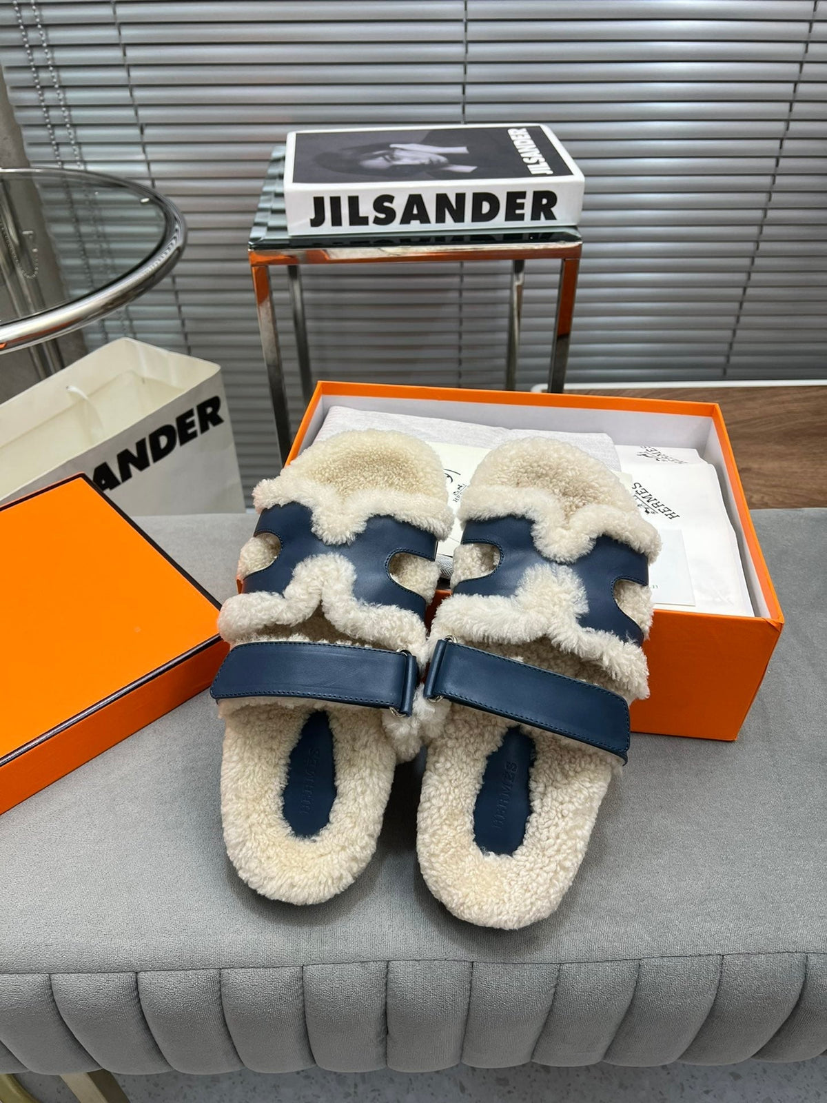 Hermes Chypre Slippers in Beige Lamb Wool and Classic Blue Calfskin