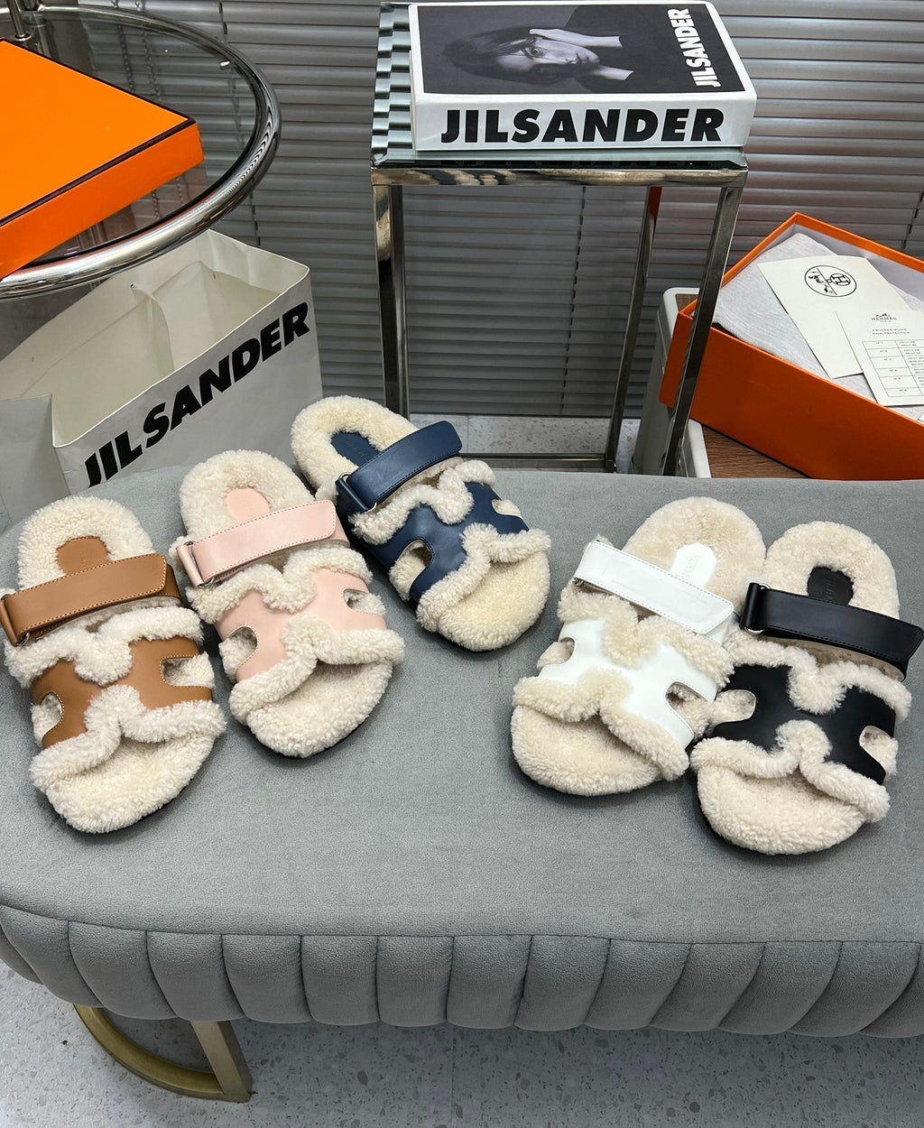 Hermes Chypre Slippers in Beige Lamb Wool and White Calfskin