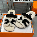 Hermes Chypre Slippers in Beige Lamb Wool and Black Suede