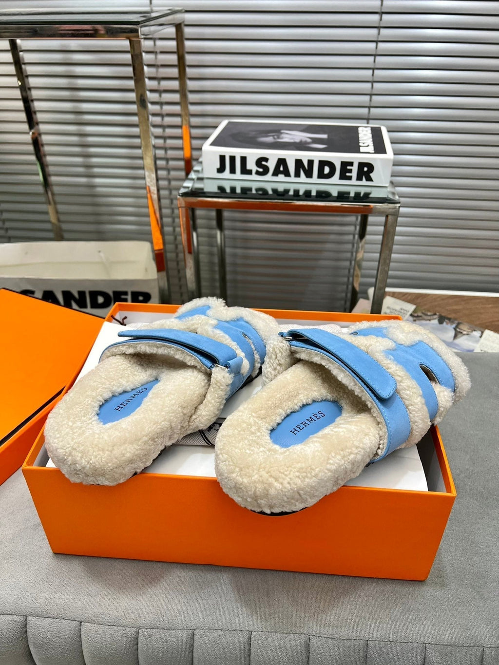 Hermes Chypre Slippers in Beige Lamb Wool and Ocean Blue Suede