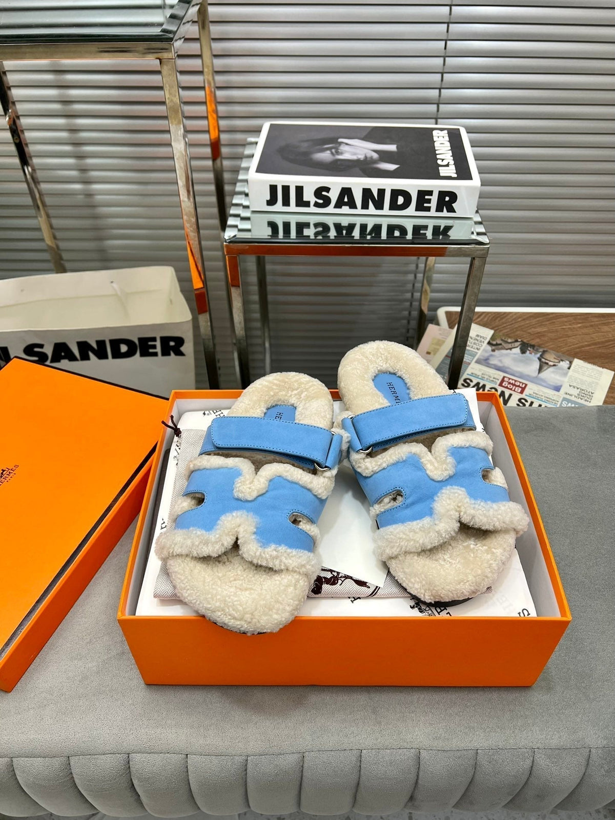 Hermes Chypre Slippers in Beige Lamb Wool and Ocean Blue Suede