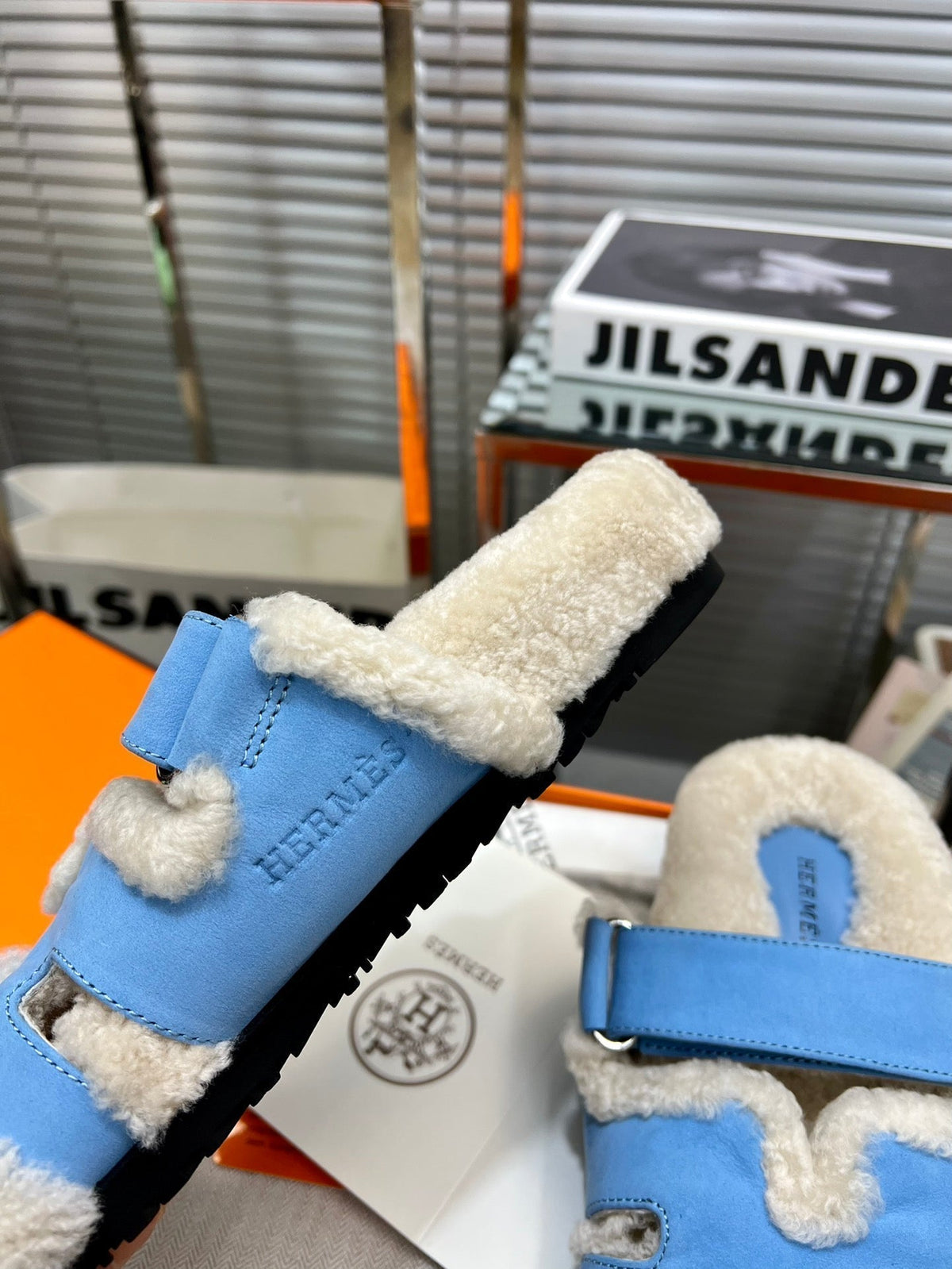 Hermes Chypre Slippers in Beige Lamb Wool and Ocean Blue Suede