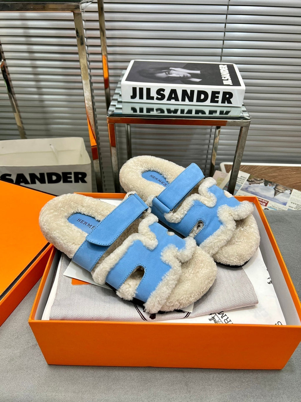 Hermes Chypre Slippers in Beige Lamb Wool and Ocean Blue Suede