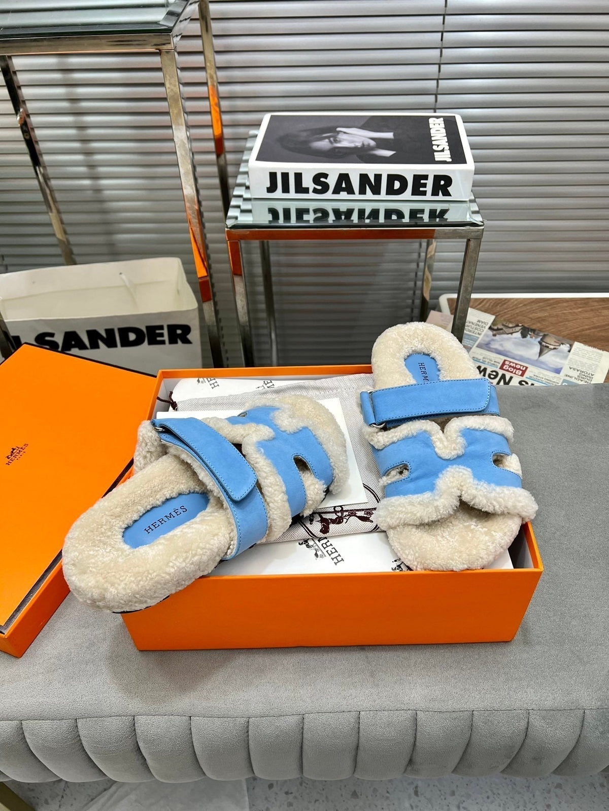 Hermes Chypre Slippers in Beige Lamb Wool and Ocean Blue Suede