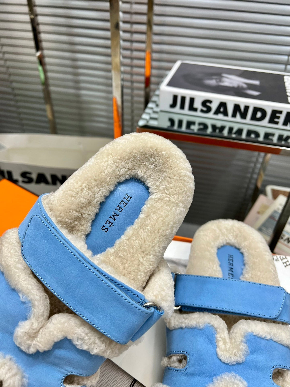 Hermes Chypre Slippers in Beige Lamb Wool and Ocean Blue Suede
