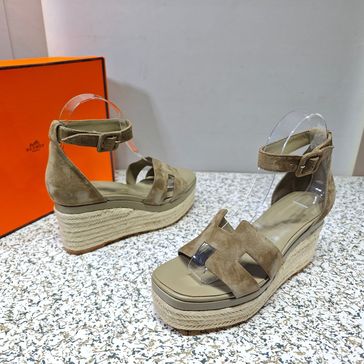 Hermes Elda Espadrille 80 Mocha Brown Suede