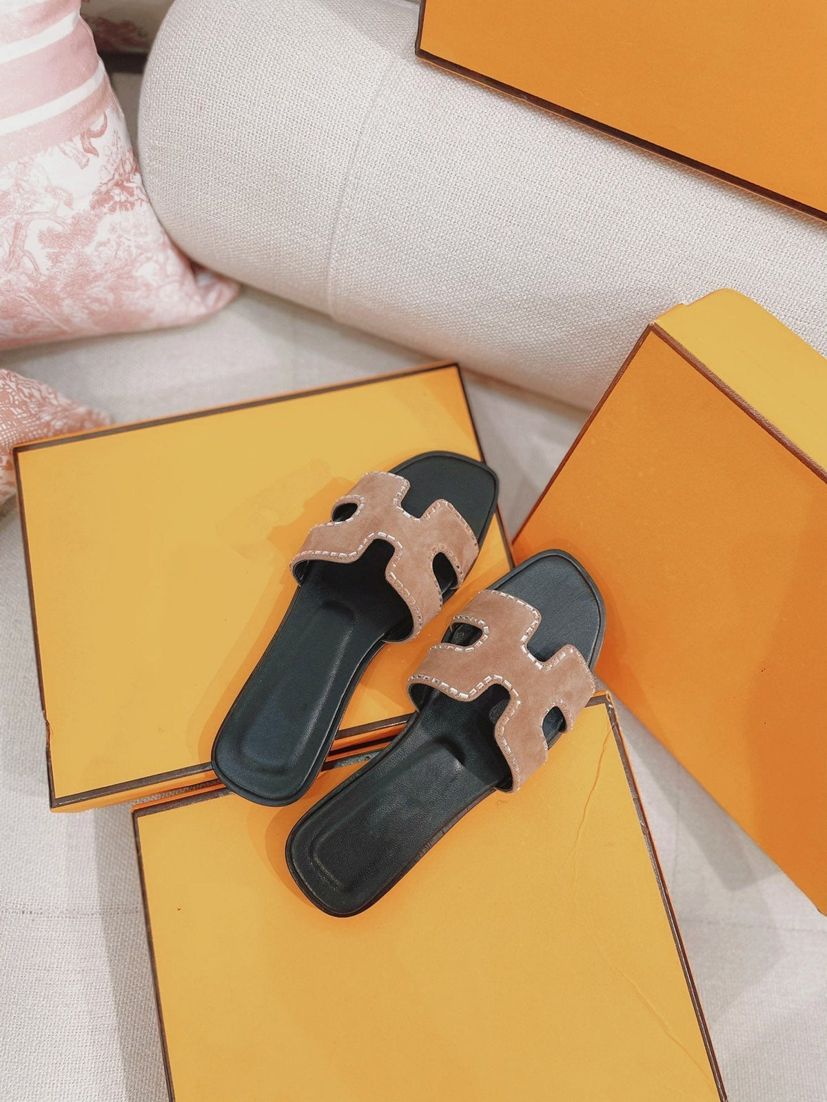 Hermes 0RAN Sandal Calfskin Rhinestone Brown