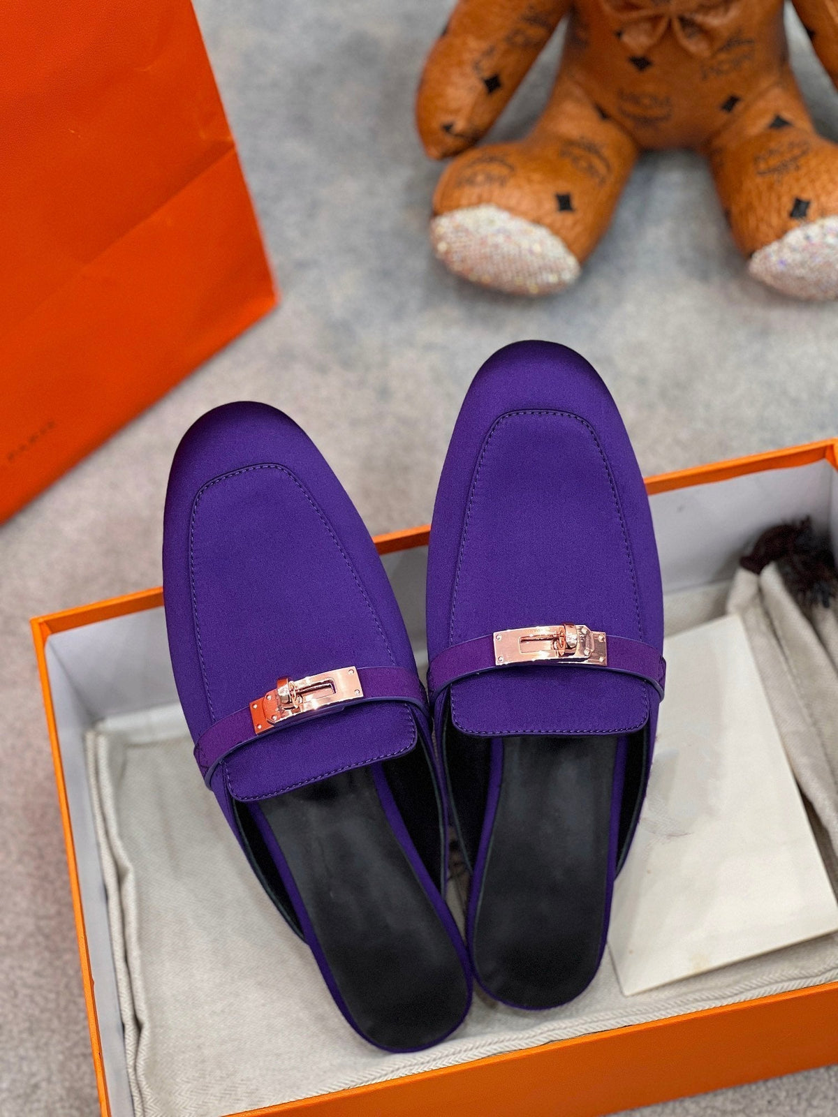 Hermes 0Z Mule Violet Silk Thick Cloth/Sheepskin