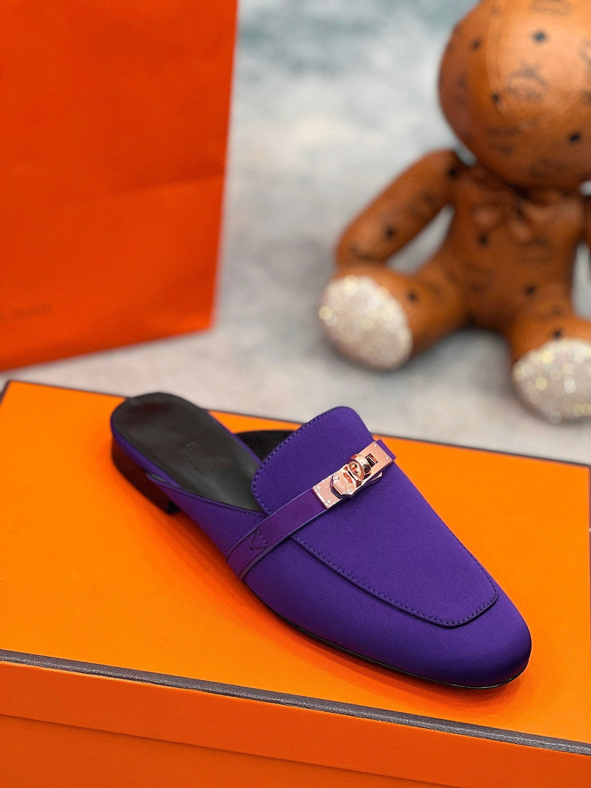 Hermes 0Z Mule Violet Silk Thick Cloth/Sheepskin