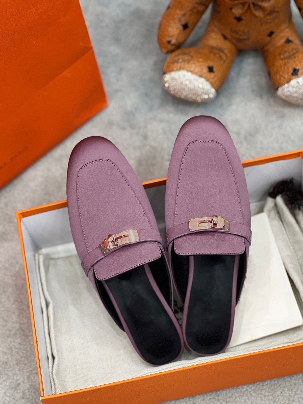 Hermes 0Z Mule Purple Silk Thick Cloth/Sheepskin
