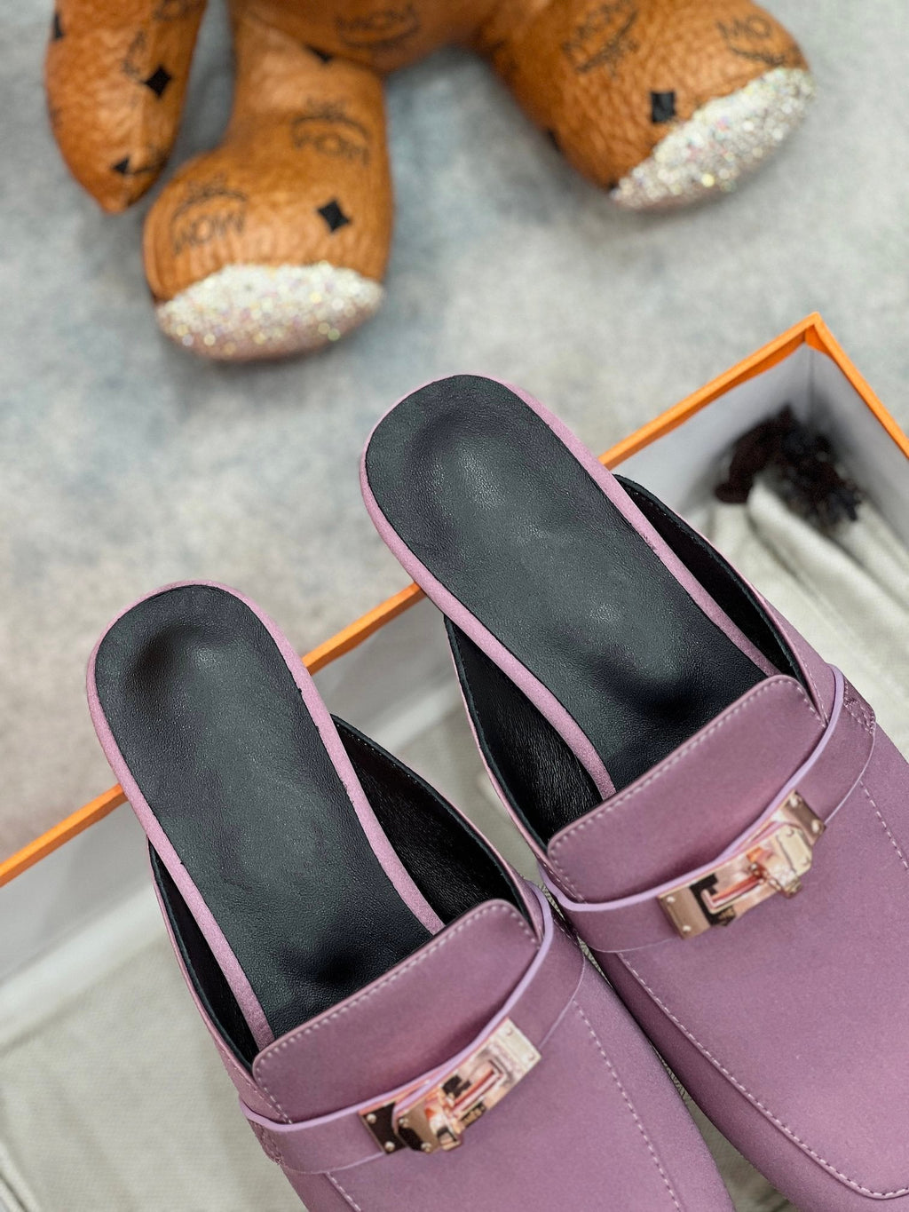 Hermes 0Z Mule Purple Silk Thick Cloth/Sheepskin