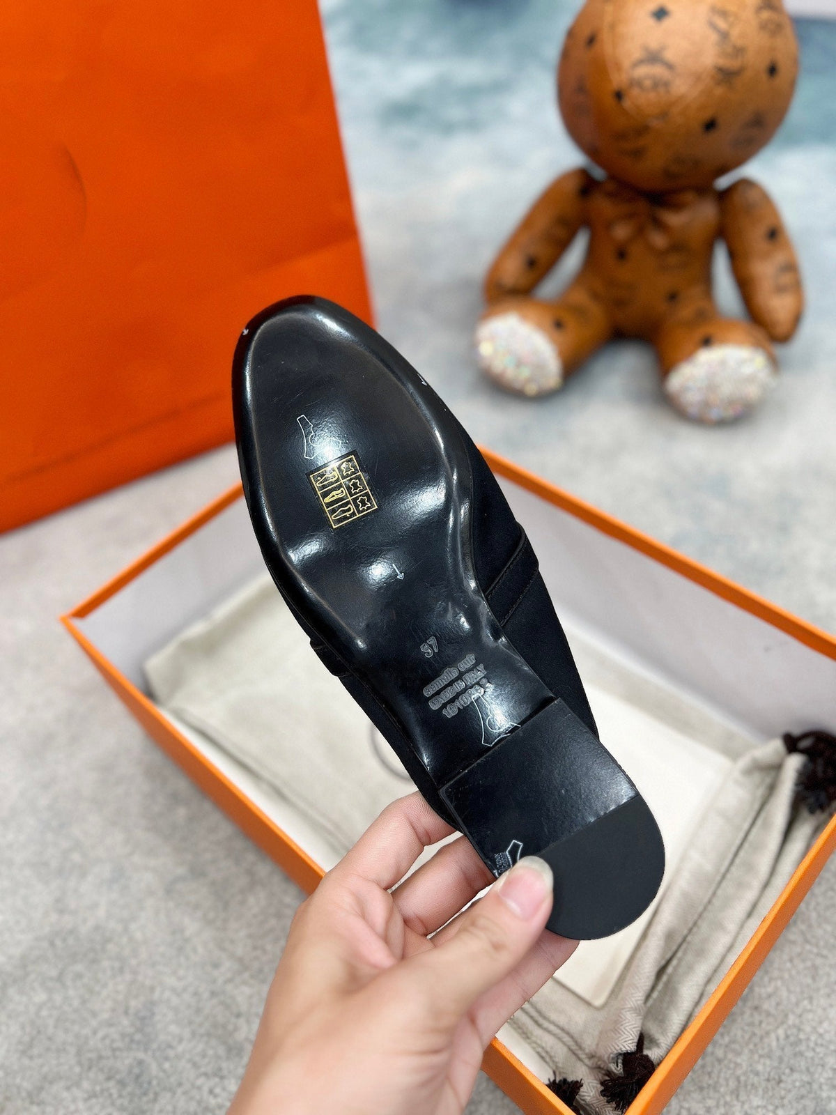 Hermes 0Z Mule Black Silk Thick Cloth/Sheepskin