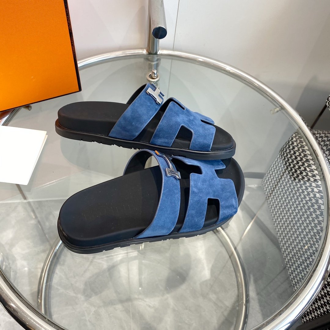 Hermes Chypre Sandal Blue Suede