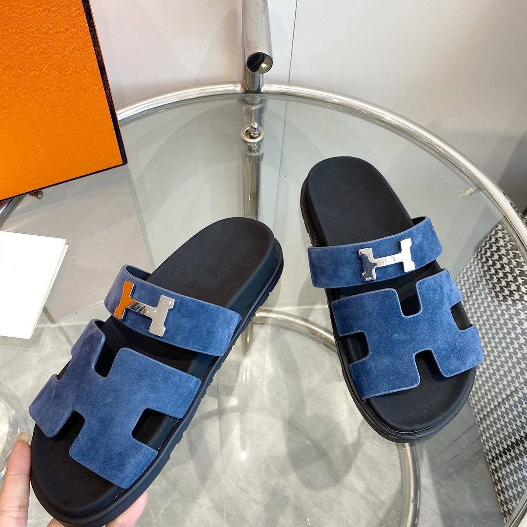 Hermes Chypre Sandal Blue Suede