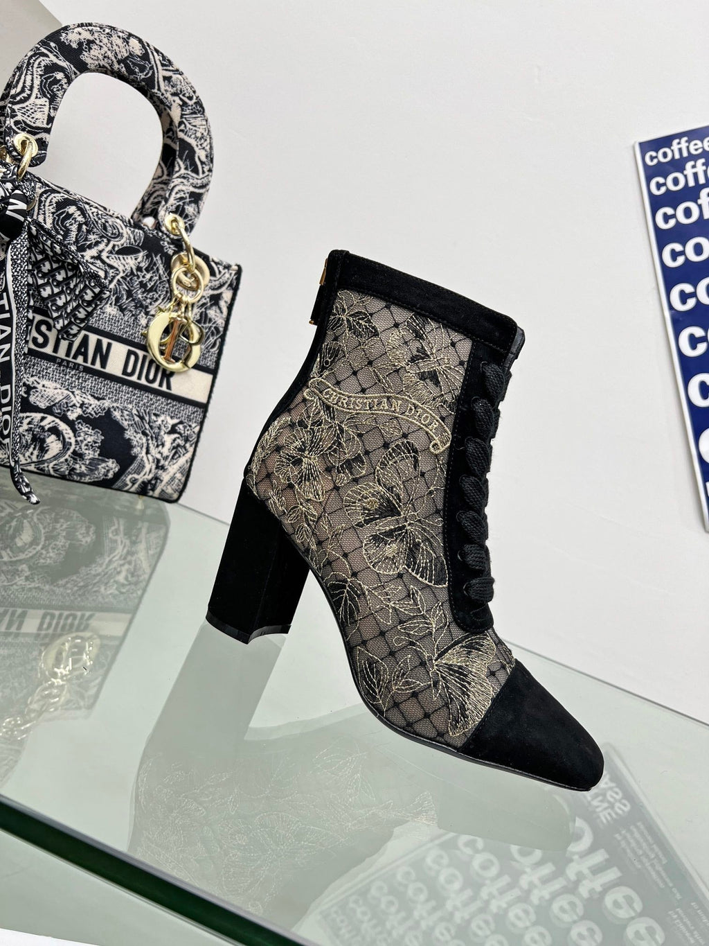 Dior 25S Naughtily-D Ankle Boots 80 mm in Black Mesh Tulle and Suede