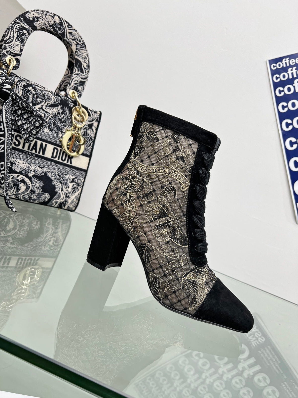 Dior 25S Naughtily-D Ankle Boots 80 mm in Black Mesh Tulle and Suede