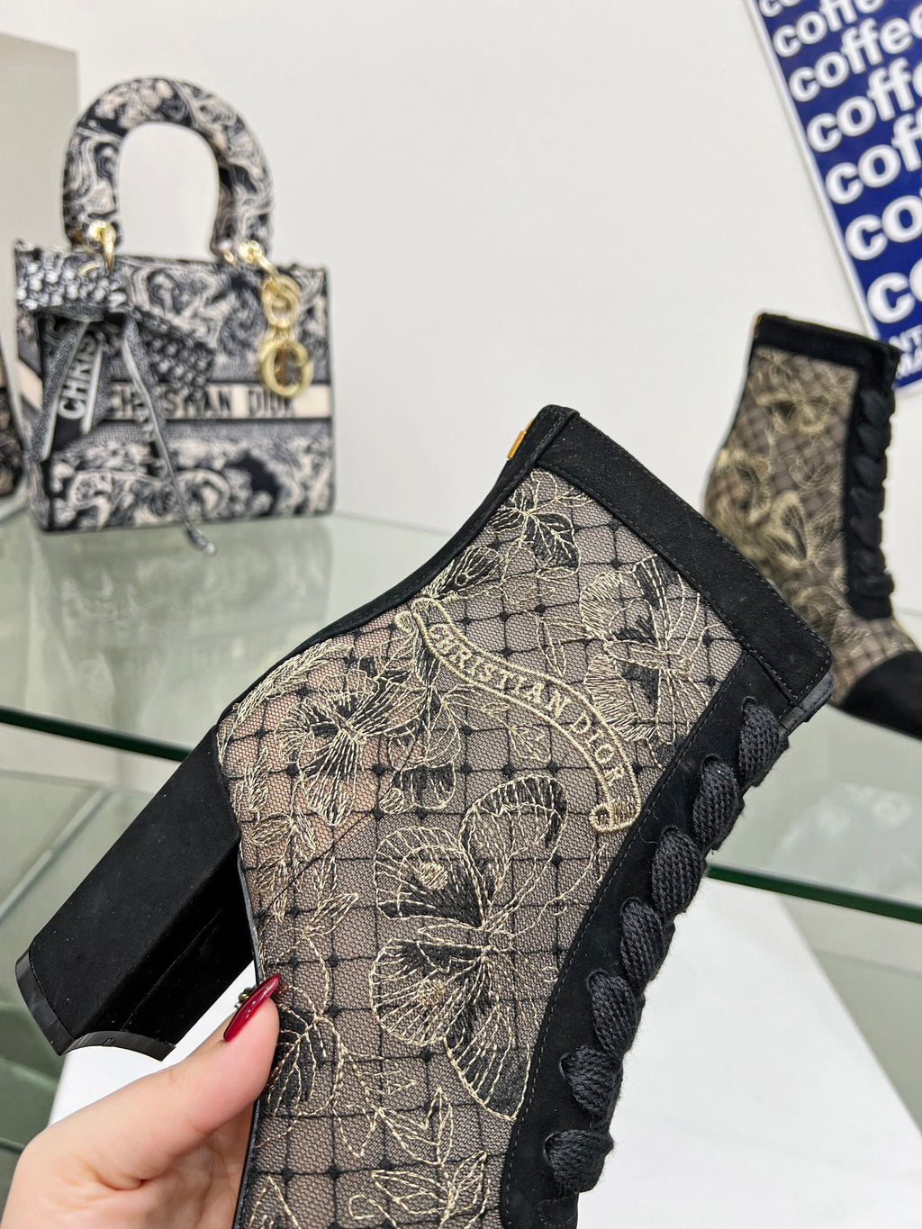 Dior 25S Naughtily-D Ankle Boots 80 mm in Black Mesh Tulle and Suede