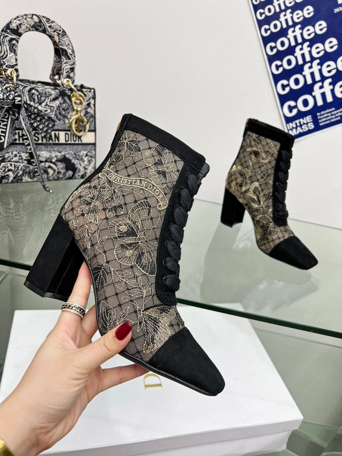 Dior 25S Naughtily-D Ankle Boots 80 mm in Black Mesh Tulle and Suede
