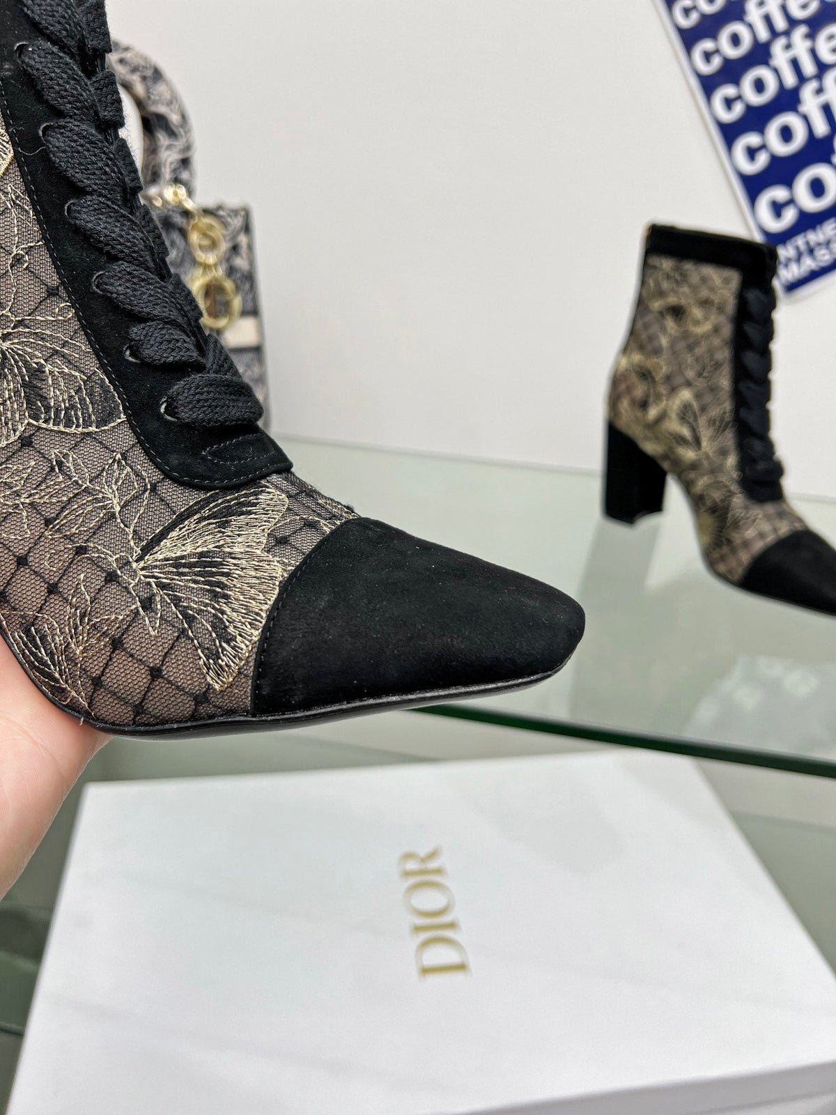 Dior 25S Naughtily-D Ankle Boots 80 mm in Black Mesh Tulle and Suede