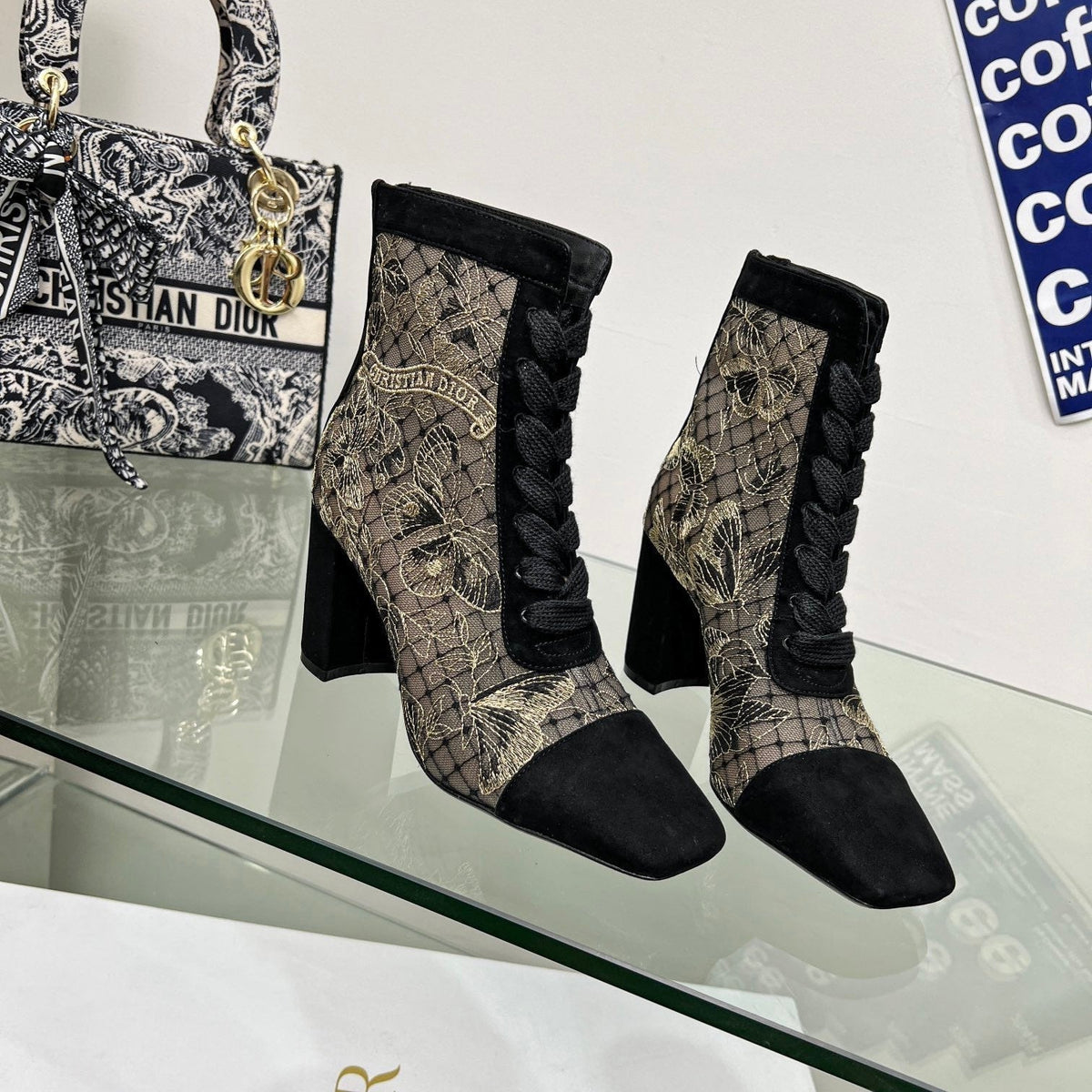 Dior 25S Naughtily-D Ankle Boots 80 mm in Black Mesh Tulle and Suede