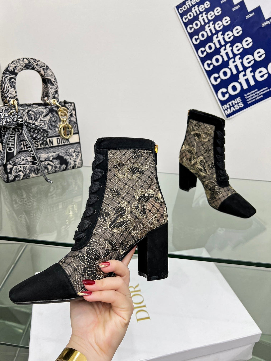Dior 25S Naughtily-D Ankle Boots 80 mm in Black Mesh Tulle and Suede