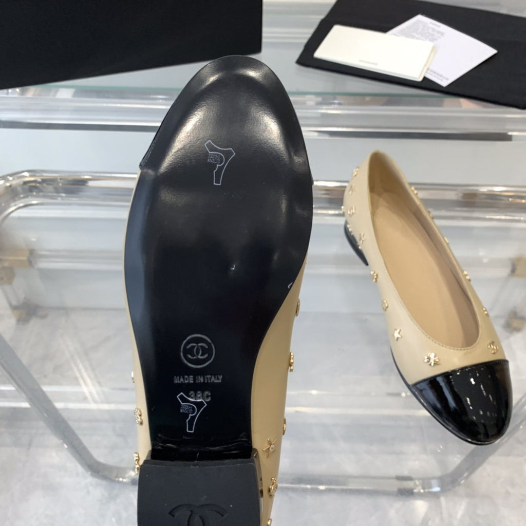 Chanel Ballet Flat Beige Black Lamskin with Multi Logo