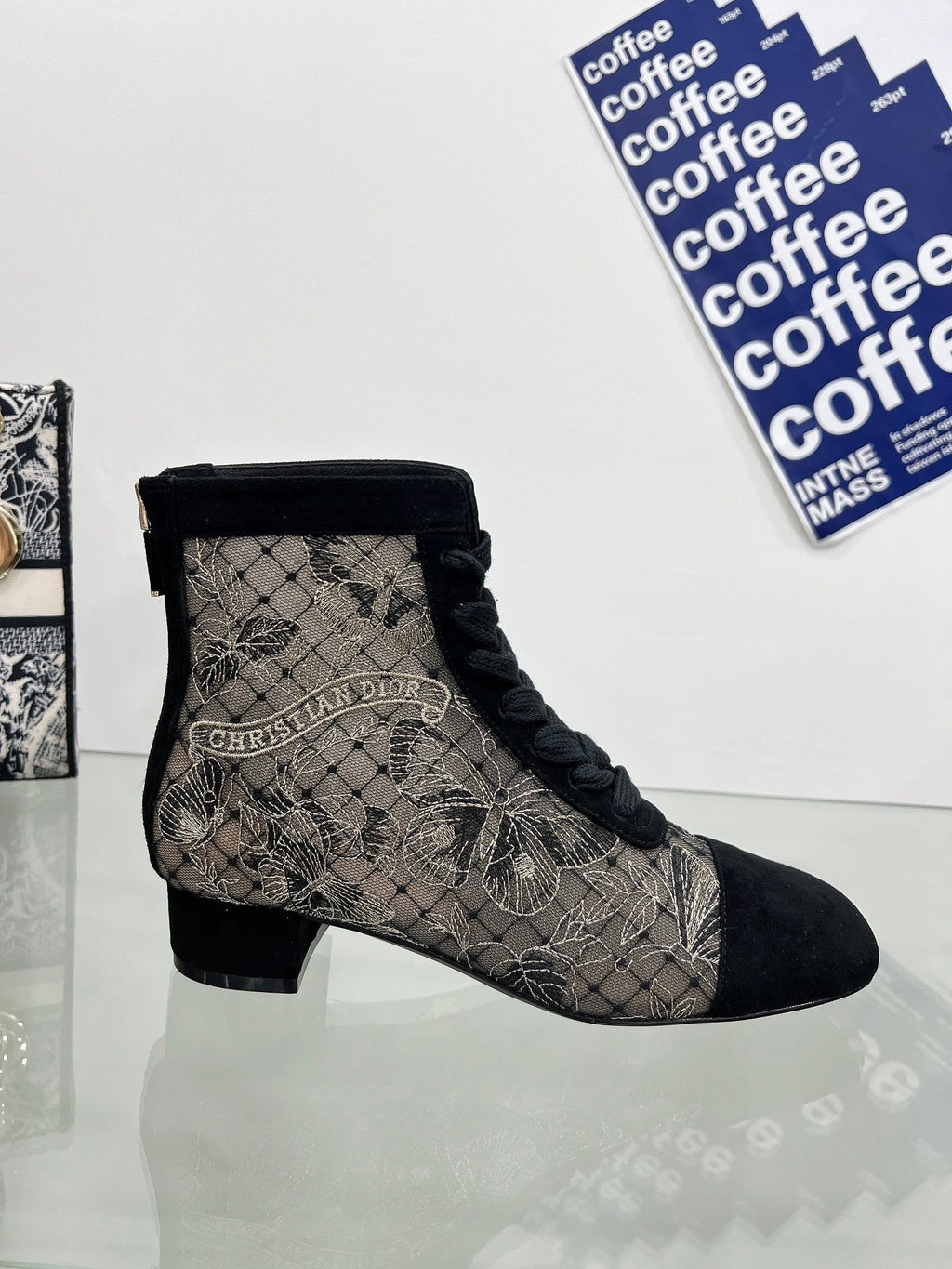 Dior 25S Naughtily-D Ankle Boots 35 mm in Black Mesh Tulle and Suede