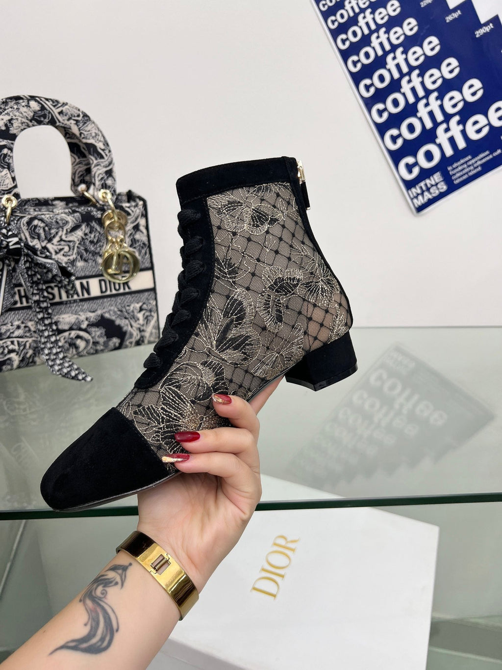 Dior 25S Naughtily-D Ankle Boots 35 mm in Black Mesh Tulle and Suede