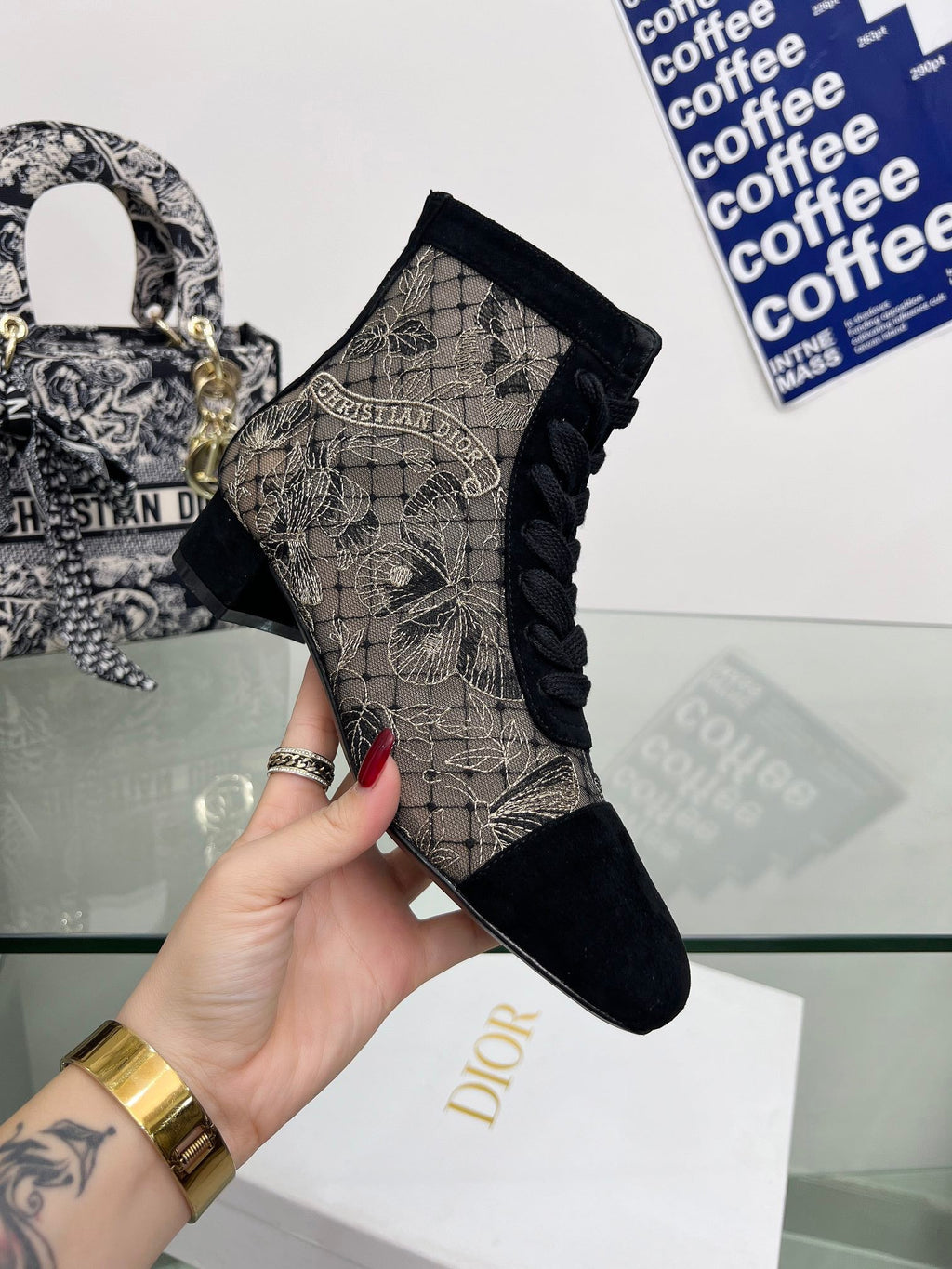 Dior 25S Naughtily-D Ankle Boots 35 mm in Black Mesh Tulle and Suede