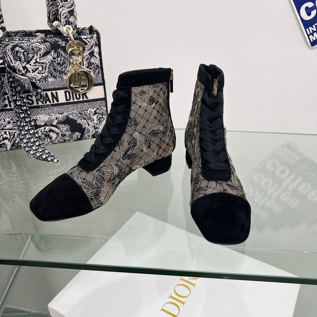 Dior 25S Naughtily-D Ankle Boots 35 mm in Black Mesh Tulle and Suede