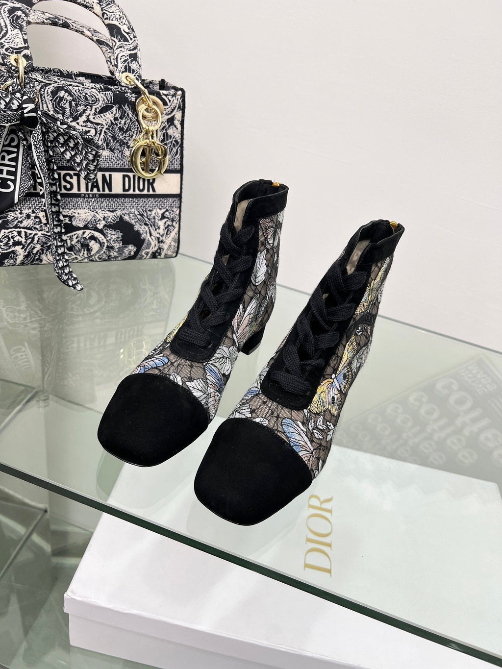 Dior 25S Naughtily-D Ankle Boots 35 mm in Black Mesh Tulle and Suede Style 3