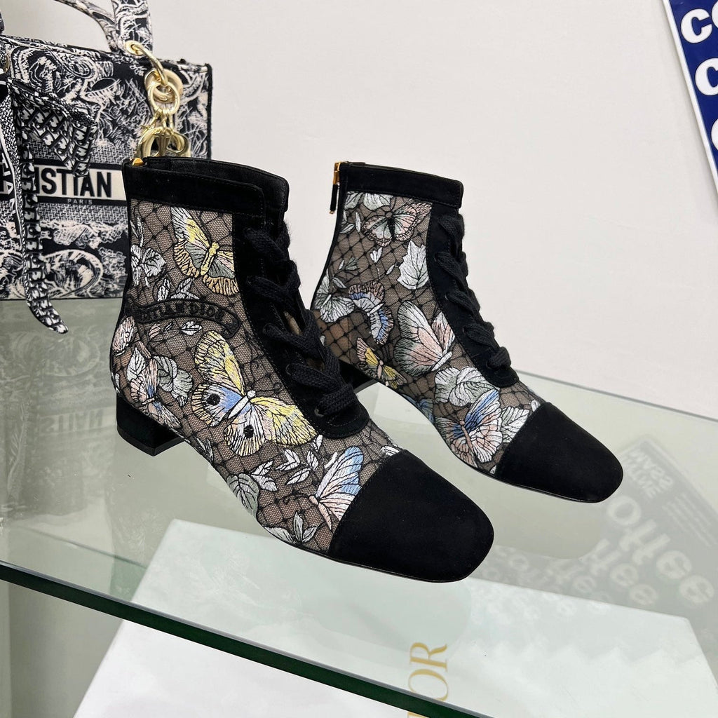 Dior 25S Naughtily-D Ankle Boots 35 mm in Black Mesh Tulle and Suede Style 3