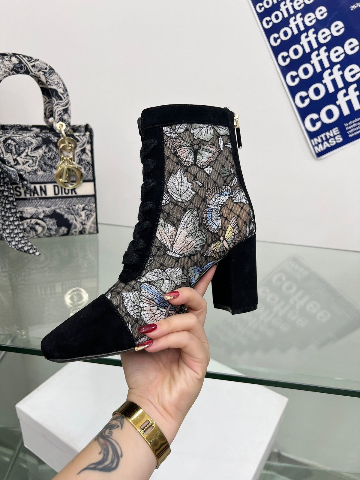 Dior 25S Naughtily-D Ankle Boots 80 mm in Black Mesh Tulle and Suede Style 2