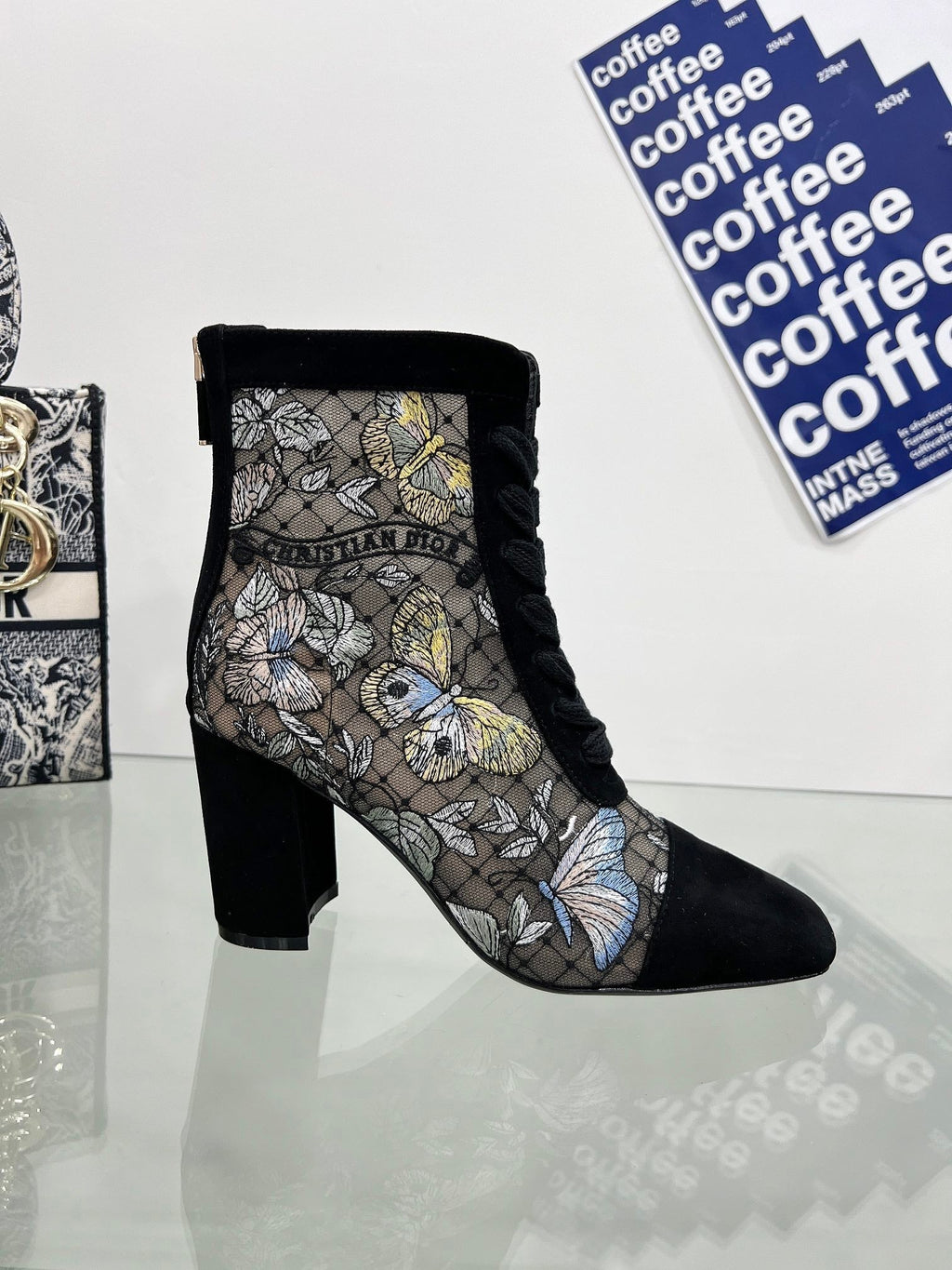 Dior 25S Naughtily-D Ankle Boots 80 mm in Black Mesh Tulle and Suede Style 2
