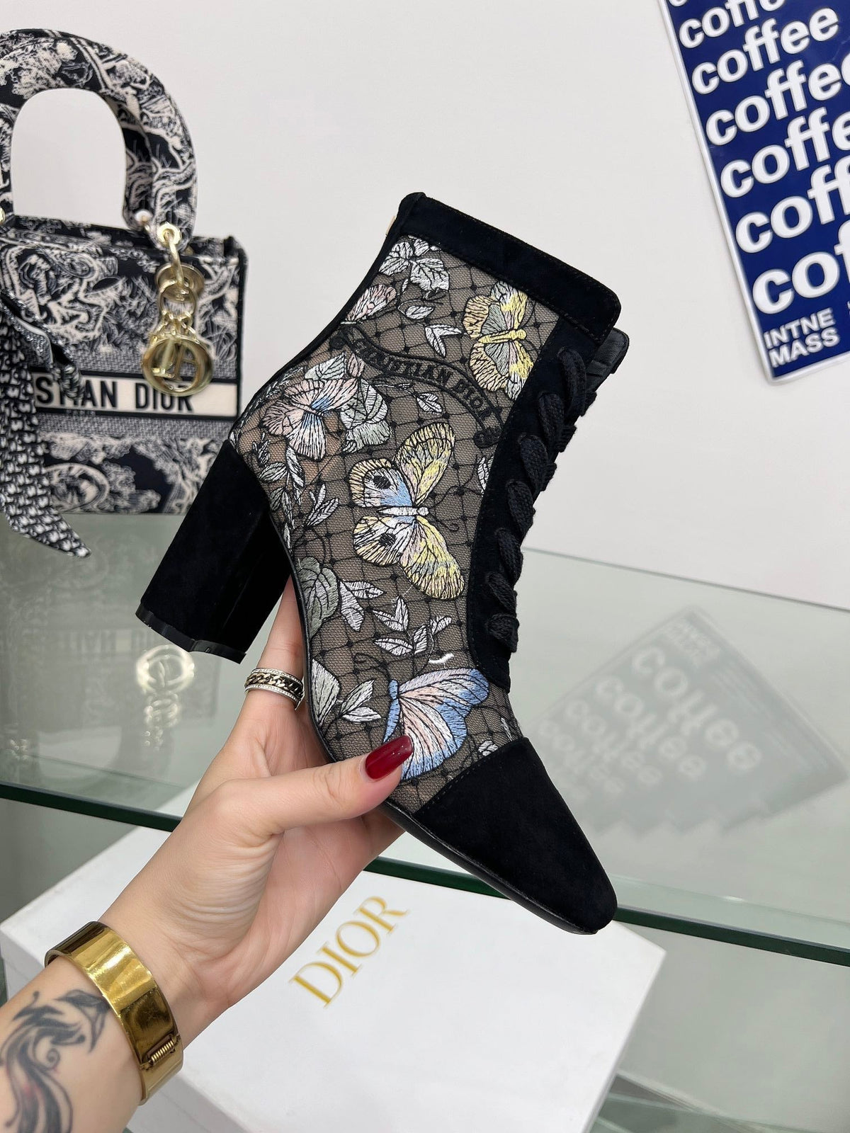 Dior 25S Naughtily-D Ankle Boots 80 mm in Black Mesh Tulle and Suede Style 2